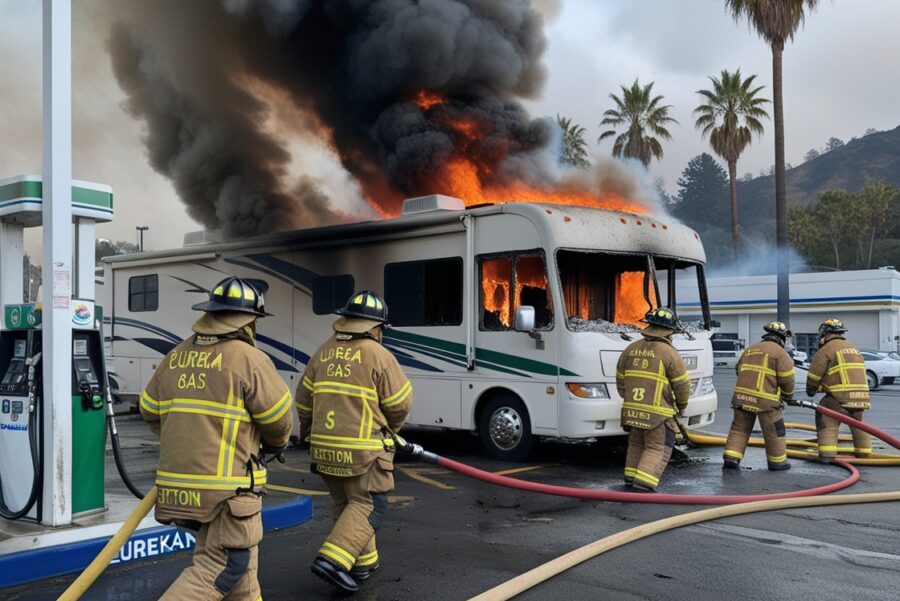 Firefighters Tackle RV Fire at Eureka Gas Station